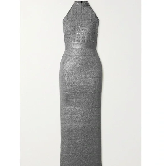 Herve Leger Women's Crystal Halter Bandage Gown - Gray - Size L Herve Leger Women's Crystal Halter Bandage Gown - Gray - Size L